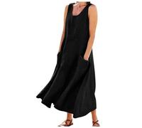 Sunlighty Vestidos de lino para mujer 2024, vestidos largos de algodón italiano, sin mangas, talla grande, cuello redondo, vestido de verano fluido, Negro, XXXXL