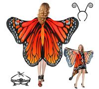 Sunlisky Disfraz de mariposa para mujer, alas de mariposa, para adultos, disfraz de dos niveles, disfraz de mariposa, accesorios, 3 unidades, máscara facial (naranja y rojo)