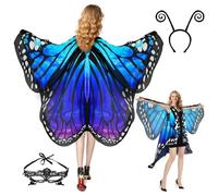 Sunlisky Disfraz de mariposa para mujer, alas de mariposa, para adultos, disfraz de dos niveles, disfraz de mariposa, accesorios para disfraz de mariposa, 3 unidades, color morado y azul