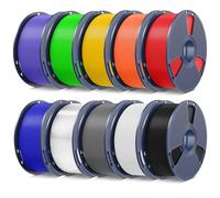 SUNLU Filamento PLA de 10 kg, multicolor, con envoltura limpia 3D, filamento PLA 1,75 mm +/- 0,02 mm, bobina de 1 kg, 10 unidades. (negro+blanco+gris+rojo+verde oliva+amarillo+azul gris+madera+