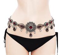 SUNMME Cinturón negro para vestidos de mujer, conjunto de cadenas para el cuerpo, aleación, vintage, bohemio, colgante de lágrima, cadena de cintura redonda, circonita negra (rojo a)