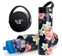 SUNMON Bolsa Isotérmica con Indicador Digital de Temperatura, Enfriamiento de Acero Inoxidable 304, Vaso Refrigerado para Insulina para Bolígrafos de Insulina (Patrón de Flores Rojas)