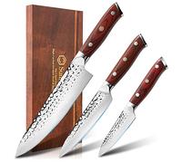 Sunnecko Juego de 3 cuchillos cocina de 20 cm + 13 cm + 9cm, Cuchillo Japones Profesional, Cuchillos Cocina de Acero de Alto Carbono 56HRC, Mango de madera de acacia, Incluye caja de madera
