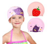SUNNIFLY 2 pcs Gorro Piscina Niño, Gorro Natacion Niña, Silicona Elastica Impermeable, Bonito Diseño, Suave y Duradero, Patrón de Fresas y Gatos.