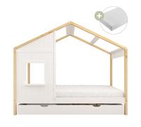 Sunny Beau Cama cabana con cajon, marron/blanco | Cama infantil - Colchon hibrido 90x200 incluido (14 cm, espuma hibrida, funda de poliester) | Dimensiones totales: 208 x 97 x 171 cm