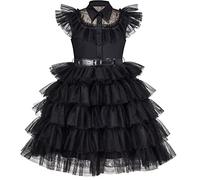 Sunny Fashion Vestido para niña Negro Encaje Pastel Multicapa Cuero Cinturón Tutu Tul 7 años