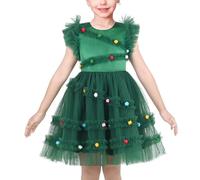 Sunny Fashion Vestido para niña Verde Árbol de Navidad Malla Pompones Volante Fruncido Bow Fiesta 5 años