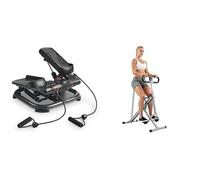 Sunny Health and Fitness Squat Assist Upright Row-N-Ride Rowing Machine + 2-in-1 Premium Power Stepper with Resistance Bands, Space-Saving, and Optional SunnyFit App