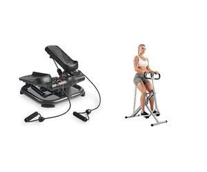 Sunny Health and Fitness Squat Assist Upright Row-N-Ride Rowing Machine + 2-in-1 Premium Power Stepper with Resistance Bands, Space-Saving, and Optional SunnyFit App