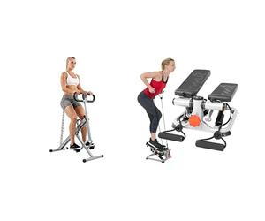 Sunny Health and Fitness Squat Assist Upright Row-N-Ride Rowing Machine + Advanced Mini Home Steppers, Total Body Workout Stair Machine with Resistance Bands