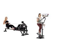 Sunny Health and Fitness Water Rowing Machine Rower w/LCD Monitor - Obsidian + 2-in-1 Power Stepper with Resistant Bands & Handlebar, Height Adjustable, 330 LB MAX