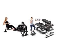 Sunny Health and Fitness Water Rowing Machine Rower w/LCD Monitor - Obsidian + 2-in-1 Premium Power Stepper with Resistance Bands, Space-Saving, and Optional SunnyFit App