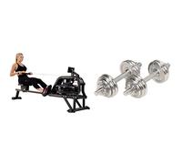 Sunny Health and Fitness Water Rowing Machine Rower w/LCD Monitor - Obsidian + Adjustable 15 KG Dumbbell Set with Carry Case，Space Saver