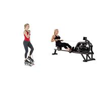 Sunny Health and Fitness Water Rowing Machine Rower w/LCD Monitor - Obsidian + Advanced Mini Home Steppers, Total Body Workout Stair Machine with Resistance Bands