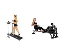 Sunny Health and Fitness Water Rowing Machine Rower w/LCD Monitor - Obsidian + Foldable Manual Treadmill, Non-Electric Incline Exercise, Walking Tread Pad, w/Digital Monitor