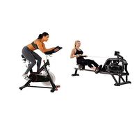 Sunny Health and Fitness Water Rowing Machine Rower w/LCD Monitor - Obsidian + Indoor Cycling Wheel with Magnetic Belt Drive, 136kg MAX Weight, Pedal Hook,Tablet Holder