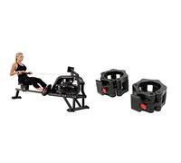 Sunny Health and Fitness Water Rowing Machine Rower w/LCD Monitor - Obsidian + Locking Collar Clamps with Quick Release for Olympic Barbells for Pro Training