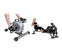 Sunny Health and Fitness Water Rowing Machine Rower w/LCD Monitor - Obsidian + Magnetic Under Desk Mini Exercise Cycle Bike, Dual Function, w/Digital Monitor and Carrying Handle