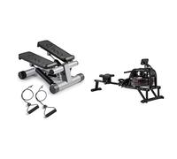 Sunny Health and Fitness Water Rowing Machine Rower w/LCD Monitor - Obsidian + Mini Stepper Machine, Stair Stepper Exercise Equipment with Resistance Bands and LCD Monitor