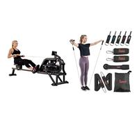 Sunny Health and Fitness Water Rowing Machine Rower w/LCD Monitor - Obsidian + Premium Resistance Band Set with Door Anchors, Wrist Straps, Handles & Carry Bag