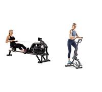 Sunny Health and Fitness Water Rowing Machine Rower w/LCD Monitor - Obsidian + Stair Stepper w/Handlebar, Extended Step Range Machine for Climbing Exercise, Height-Adjustable