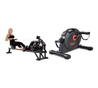 Sunny Health and Fitness Water Rowing Machine Rower w/LCD Monitor - Obsidian + Under Desk Dual Function Smart Mini Arm & Leg Pedal Exerciser Cycle Bikes with SunnyFit App
