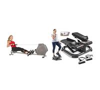 Sunny Health & Fitness Foldable and Compact Magnetic Rowing Machine, 130 KG MAX + 2-in-1 Premium Power Stepper with Resistance Bands, Space-Saving, and Optional SunnyFit App