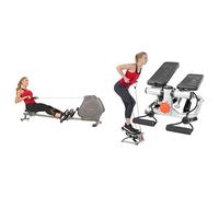 Sunny Health & Fitness Foldable and Compact Magnetic Rowing Machine, 130 KG MAX + Advanced Mini Home Steppers, Total Body Workout Stair Machine with Resistance Bands