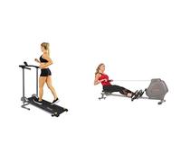 Sunny Health & Fitness Foldable and Compact Magnetic Rowing Machine, 130 KG MAX + Foldable Manual Treadmill, Non-Electric Incline Exercise, Walking Tread Pad, w/Digital Monitor