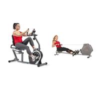 Sunny Health & Fitness Foldable and Compact Magnetic Rowing Machine, 130 KG MAX + Magnetic Recumbent Bike, Stationary w/LCD Monitor, Device Holder and Pulse Monitor, Cardio Workout