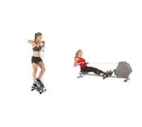 Sunny Health & Fitness Foldable and Compact Magnetic Rowing Machine, 130 KG MAX + Mini Stepper Machine, Stair Stepper Exercise Equipment with Resistance Bands and LCD Monitor