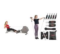 Sunny Health & Fitness Foldable and Compact Magnetic Rowing Machine, 130 KG MAX + Premium Resistance Band Set with Door Anchors, Wrist Straps, Handles & Carry Bag