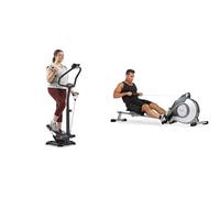 Sunny Health & Fitness Magnetic Rowing Machine, Extra Long Slide Rail, 8 Levels Resistance + 2-in-1 Power Stepper with Resistant Bands & Handlebar, Height Adjustable, 330 LB MAX