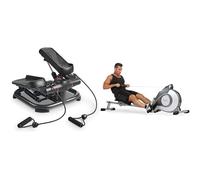 Sunny Health & Fitness Magnetic Rowing Machine, Extra Long Slide Rail, 8 Levels Resistance + 2-in-1 Premium Power Stepper with Resistance Bands, Space-Saving, and Optional SunnyFit App
