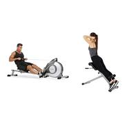 Sunny Health & Fitness Magnetic Rowing Machine, Extra Long Slide Rail, 8 Levels Resistance + 45 Degree Hyperextension Roman Chair, Steel, Grey, One Size SF-BH6629