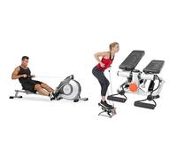 Sunny Health & Fitness Magnetic Rowing Machine, Extra Long Slide Rail, 8 Levels Resistance + Advanced Mini Home Steppers, Total Body Workout Stair Machine with Resistance Bands