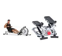 Sunny Health & Fitness Magnetic Rowing Machine, Extra Long Slide Rail, 8 Levels Resistance + Advanced Twist Stepper Machine with Resistance Bands, Mini Stair Stepper Aerobic Indoor Exercise