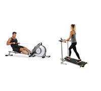 Sunny Health & Fitness Magnetic Rowing Machine, Extra Long Slide Rail, 8 Levels Resistance + Foldable Manual Treadmill, Non-Electric Incline Exercise, Walking Tread Pad, w/Digital Monitor