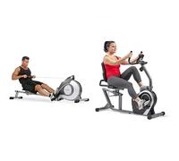 Sunny Health & Fitness Magnetic Rowing Machine, Extra Long Slide Rail, 8 Levels Resistance + Magnetic Recumbent Bike, Stationary w/LCD Monitor, Device Holder and Pulse Monitor, Cardio Workout