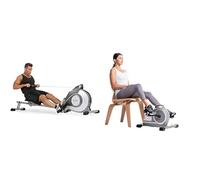 Sunny Health & Fitness Magnetic Rowing Machine, Extra Long Slide Rail, 8 Levels Resistance + Magnetic Under Desk Mini Exercise Cycle Bike, Dual Function, w/Digital Monitor and Carrying Handle