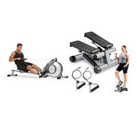 Sunny Health & Fitness Magnetic Rowing Machine, Extra Long Slide Rail, 8 Levels Resistance + Mini Stepper Machine, Stair Stepper Exercise Equipment with Resistance Bands and LCD Monitor