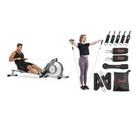 Sunny Health & Fitness Magnetic Rowing Machine, Extra Long Slide Rail, 8 Levels Resistance + Premium Resistance Band Set with Door Anchors, Wrist Straps, Handles & Carry Bag