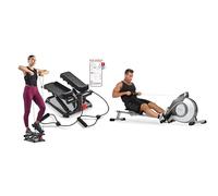 Sunny Health & Fitness Magnetic Rowing Machine, Extra Long Slide Rail, 8 Levels Resistance + Total Body Smart 2-in-1 Stepper Machine, Adjustable Hydraulic, LCD Monitor, Resistance Bands
