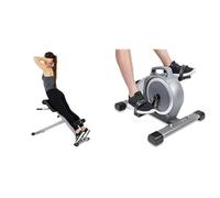 Sunny Health & Fitness Magnetic Under Desk Mini Exercise Cycle Bike, Dual Function Pedal Exerciser + 45 Degree Hyperextension Roman Chair, Steel, Grey, One Size