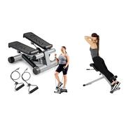 Sunny Health & Fitness Mini Stepper Machine, Stair Stepper Exercise Equipment with Resistance Bands + 45 Degree Hyperextension Roman Chair, Steel, Grey, One Size SF-BH6629