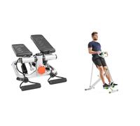 Sunny Health & Fitness Row-N-Ride Squat Assist Trainer with Adjustable Resistance + Advanced Mini Home Steppers, Total Body Workout Stair Machine with Resistance Bands