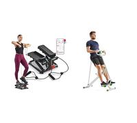 Sunny Health & Fitness Row-N-Ride Squat Assist Trainer with Adjustable Resistance + Total Body Smart 2-in-1 Stepper Machine, Adjustable Hydraulic, LCD Monitor, Resistance Bands