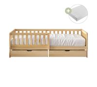 Sunny Isa Cama individual infantil, 2 cajones, beige | Barrera de seguridad - Colchon hibrido 90x200 incluido (14 cm, espuma hibrida, funda de poliester) | Dimensiones totales: 206 x 98 x 65 cm