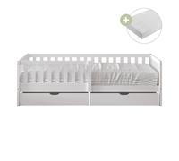 Sunny Isa Cama individual infantil, 2 cajones, blanco | Barrera de seguridad - Colchon hibrido 90x200 incluido (14 cm, espuma hibrida, funda de poliester) | Dimensiones totales: 206 x 98 x 65 cm