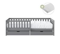 Sunny Isa Cama individual infantil, 2 cajones, gris | Barrera de seguridad - Colchon hibrido 90x200 incluido (14 cm, espuma hibrida, funda de poliester) | Dimensiones totales: 206 x 98 x 65 cm